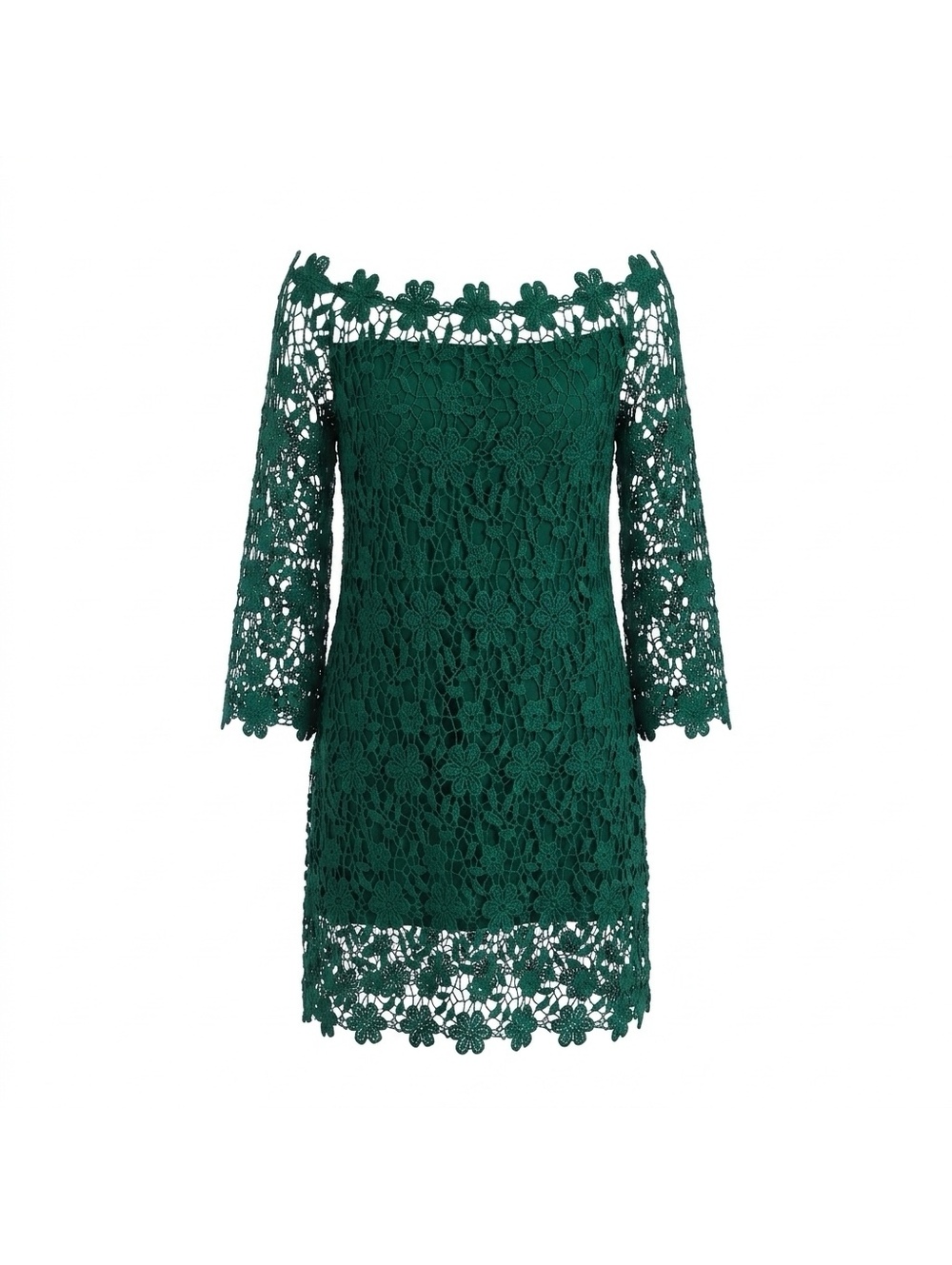 Auxo Women's Dark Green Floral Lace Off-Shoulder Dress with 3/4 Sleeves